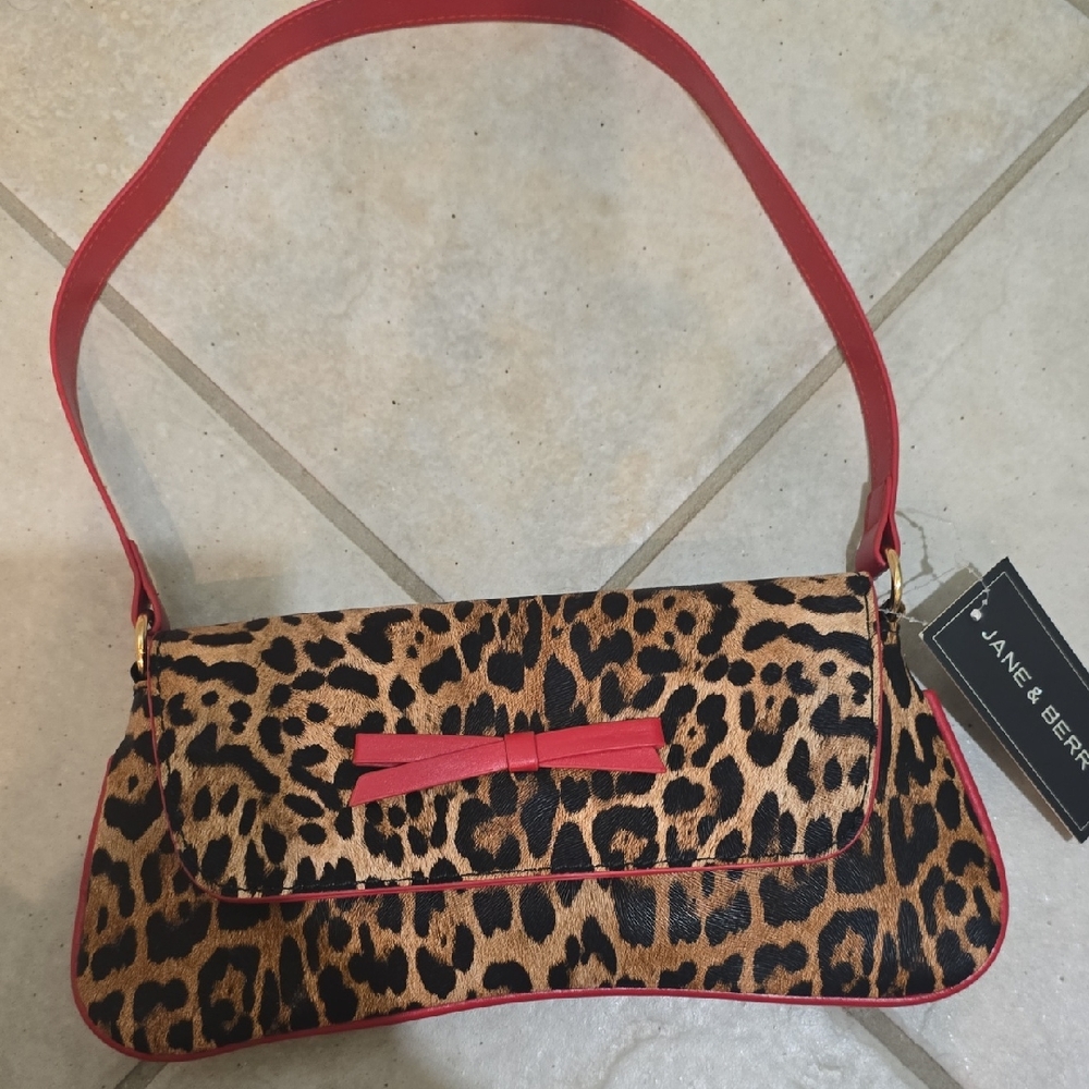 Leopard Print Shoulder Bag with Red Trim
